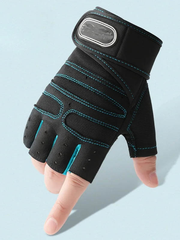 Fitness gloves with teal trim and wrist support, perfect for weightlifting and CrossFit. Durable padded palms for grip and protection.